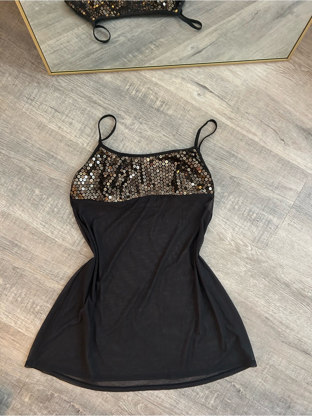 Vintage Victoria's Secret Sequin Nightgown Slip Dress Black Gold Mesh Y2K Small